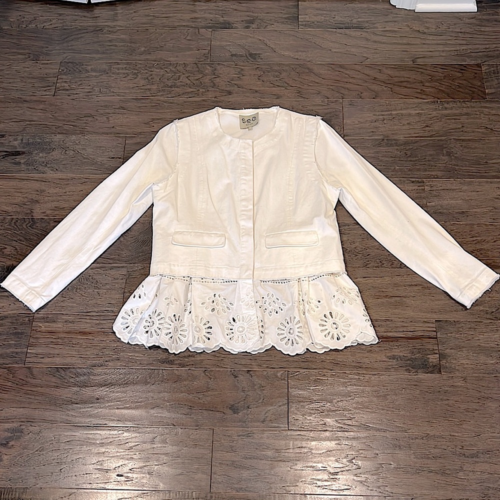 SEA White Eyelet Scalloped Hem Jean Jacket w/ Distressed edges | L